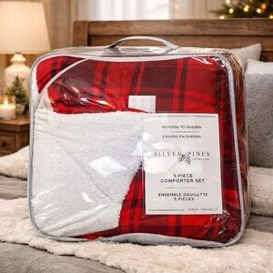 Silver Pines Queen 5pc Comforter Set Red Buffalo Plaid Sherpa Reversible NEW
